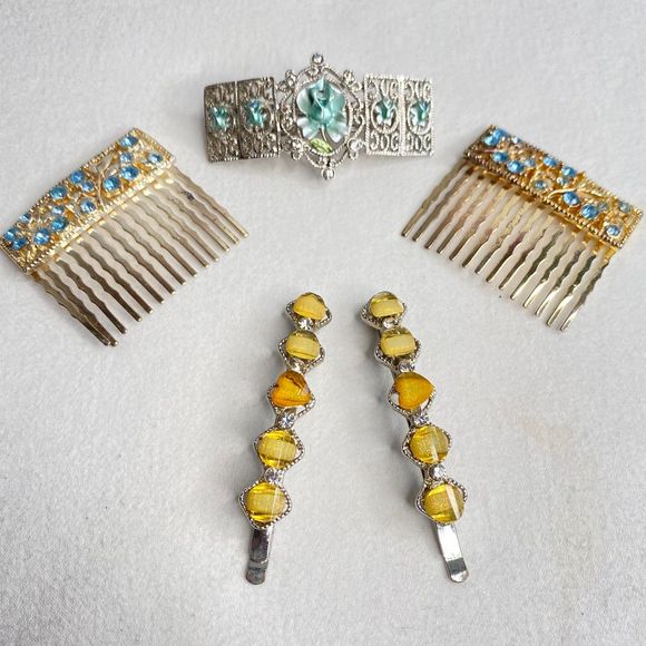 Hair Accessory Set Blue Flower Barette Blue Stone Combs And Yellow Stone Pins - Picture 1 of 15